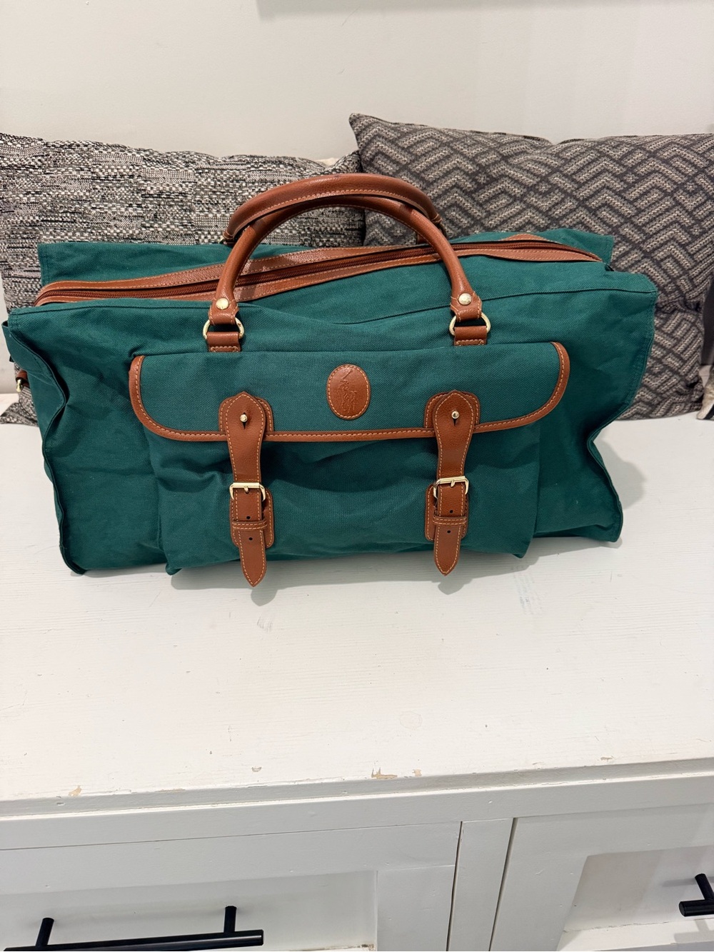Vintage Polo Ralph Lauren Green Canvas Leather Weekender Duffel Bag - Picture 2 of 12